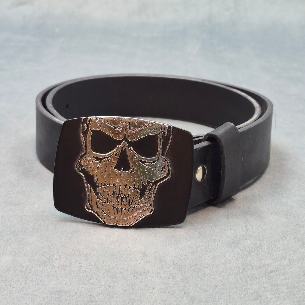 Chrome 6121 Skull Belt Black Silver Gothic Biker Rectangular Metal Buckle
